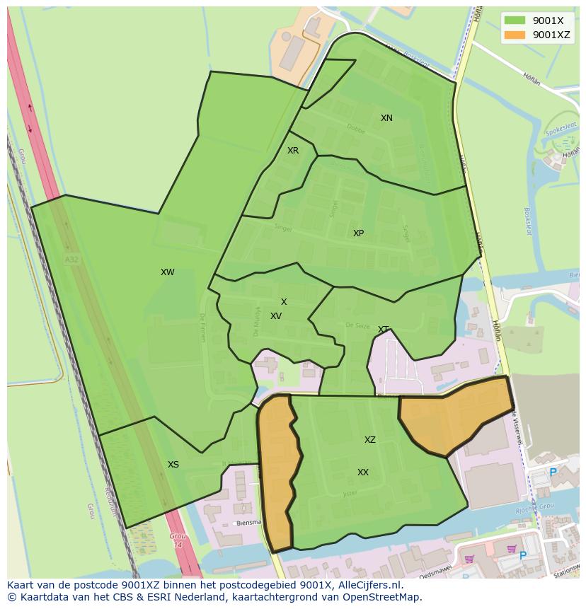 Afbeelding van het postcodegebied 9001 XZ op de kaart.
