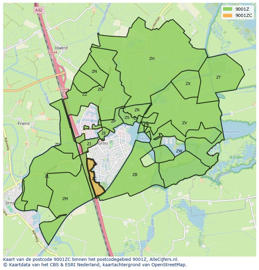 Afbeelding van het postcodegebied 9001 ZC op de kaart.