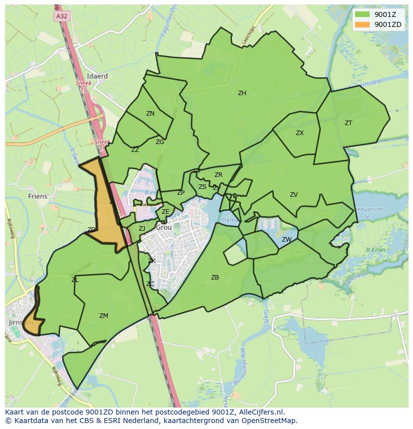 Afbeelding van het postcodegebied 9001 ZD op de kaart.
