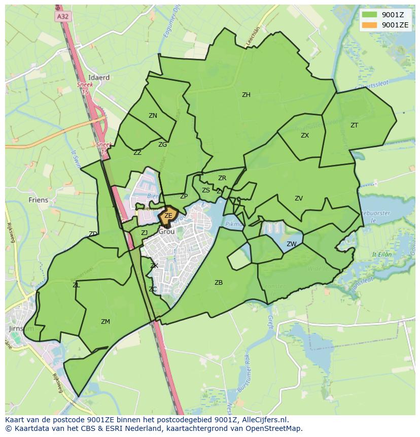 Afbeelding van het postcodegebied 9001 ZE op de kaart.