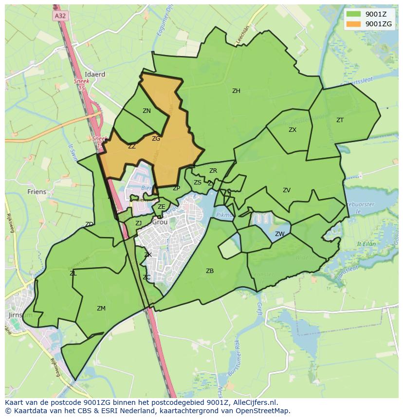 Afbeelding van het postcodegebied 9001 ZG op de kaart.