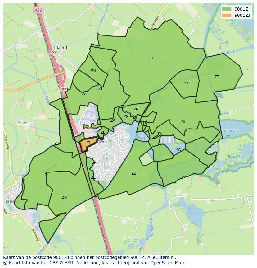 Afbeelding van het postcodegebied 9001 ZJ op de kaart.