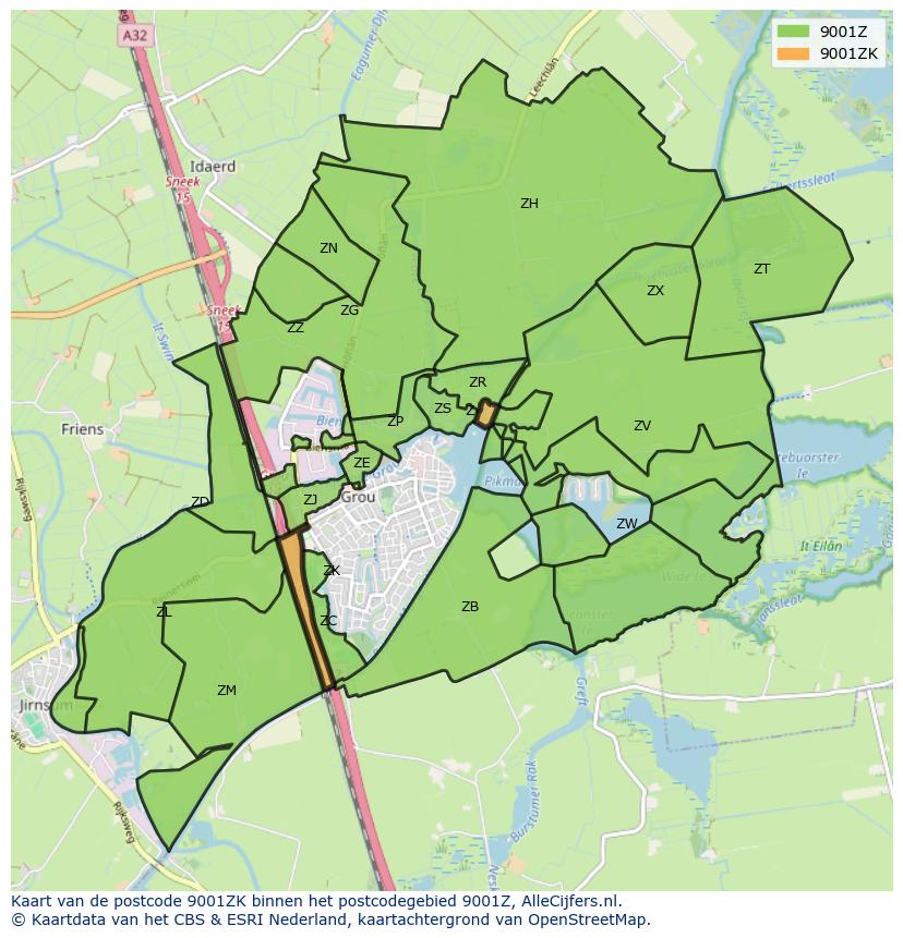 Afbeelding van het postcodegebied 9001 ZK op de kaart.