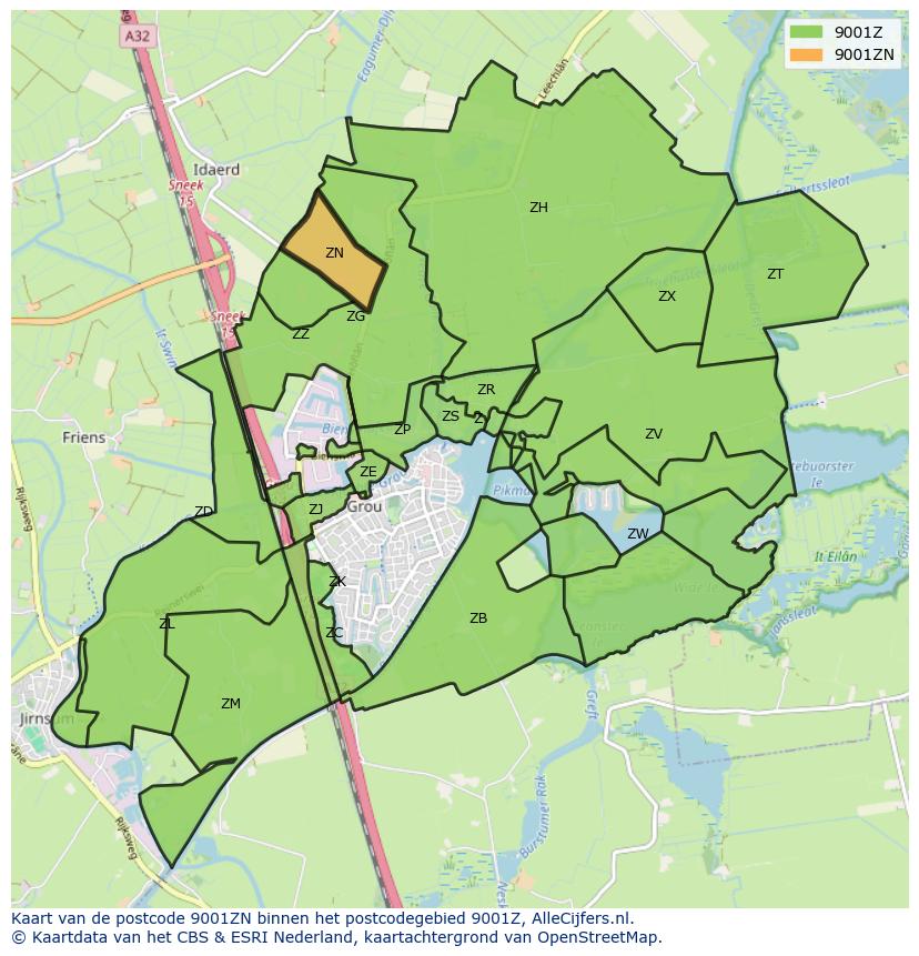 Afbeelding van het postcodegebied 9001 ZN op de kaart.