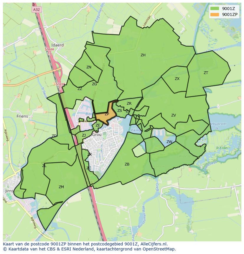 Afbeelding van het postcodegebied 9001 ZP op de kaart.