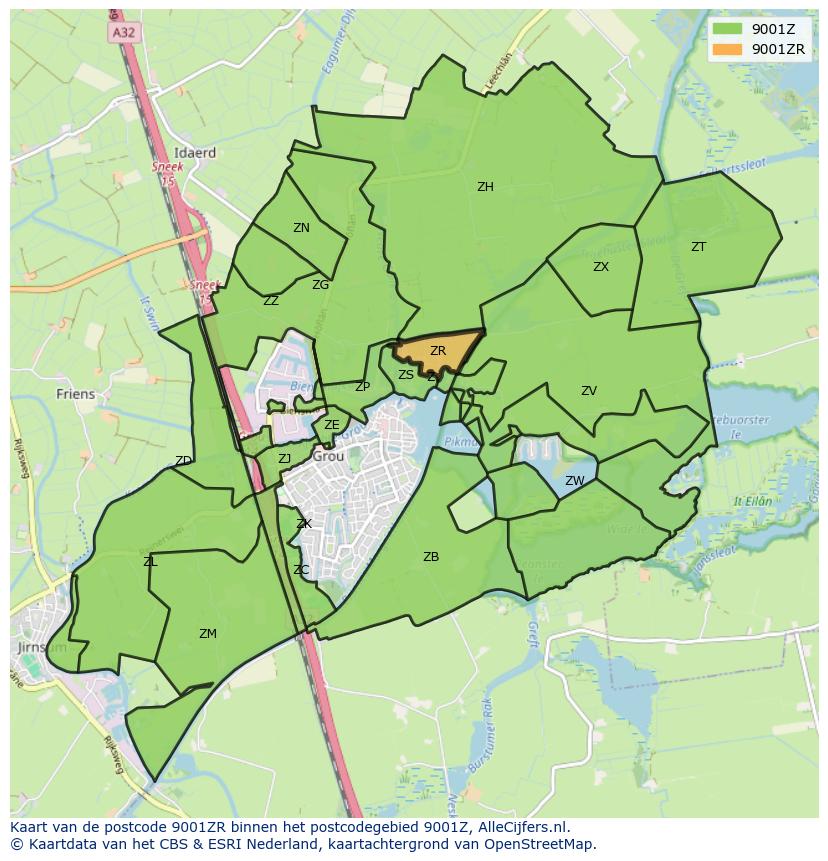 Afbeelding van het postcodegebied 9001 ZR op de kaart.