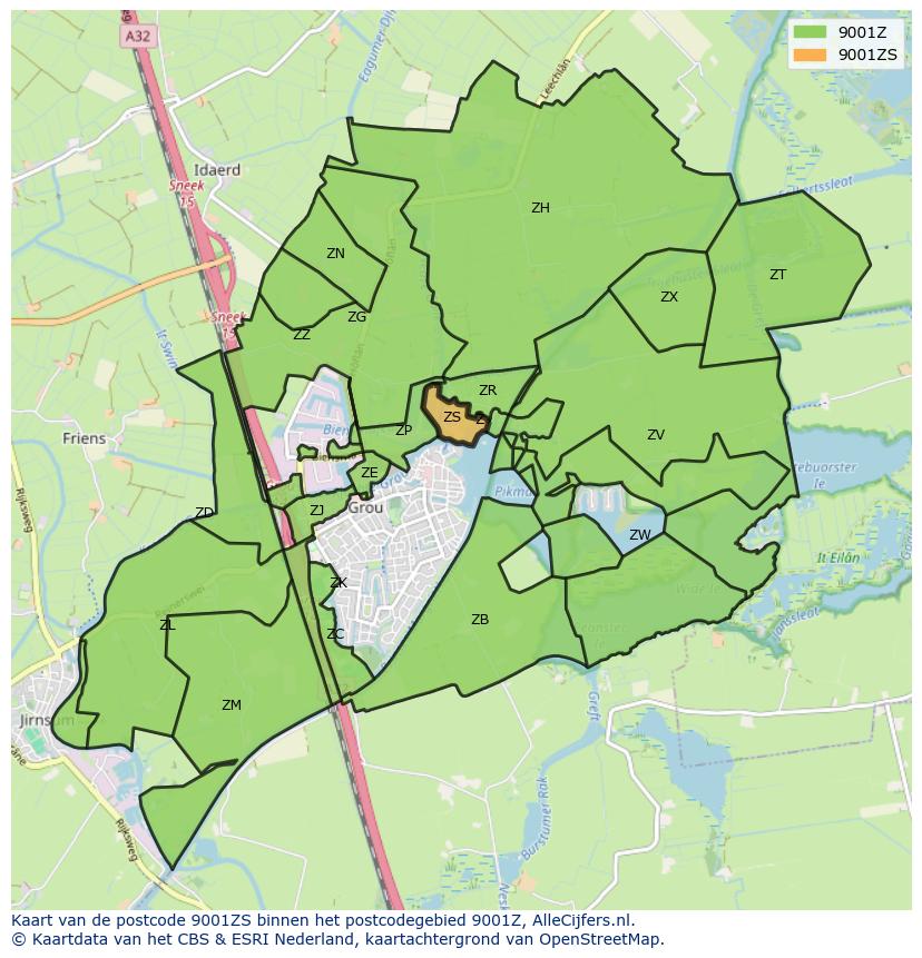 Afbeelding van het postcodegebied 9001 ZS op de kaart.