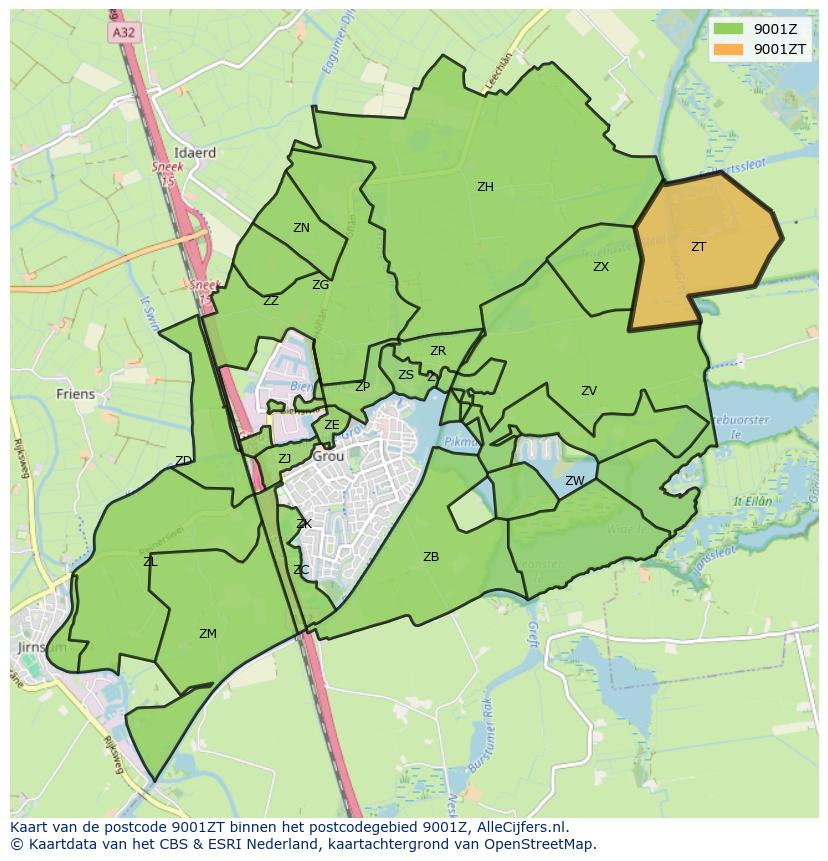 Afbeelding van het postcodegebied 9001 ZT op de kaart.