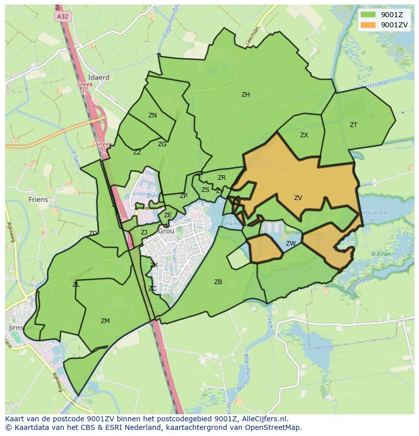 Afbeelding van het postcodegebied 9001 ZV op de kaart.