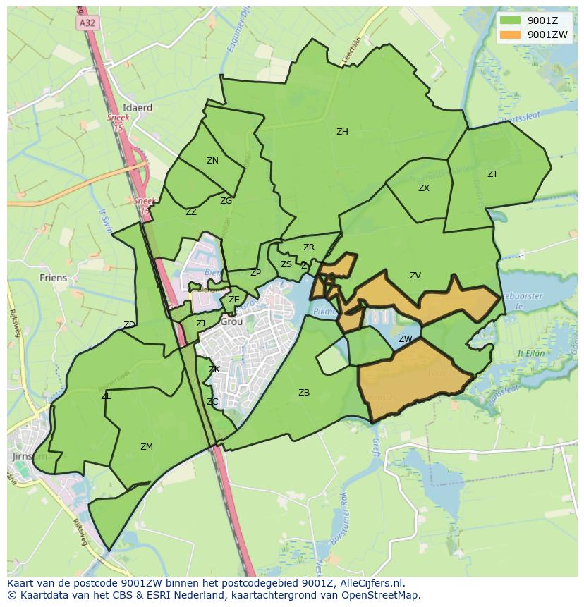 Afbeelding van het postcodegebied 9001 ZW op de kaart.