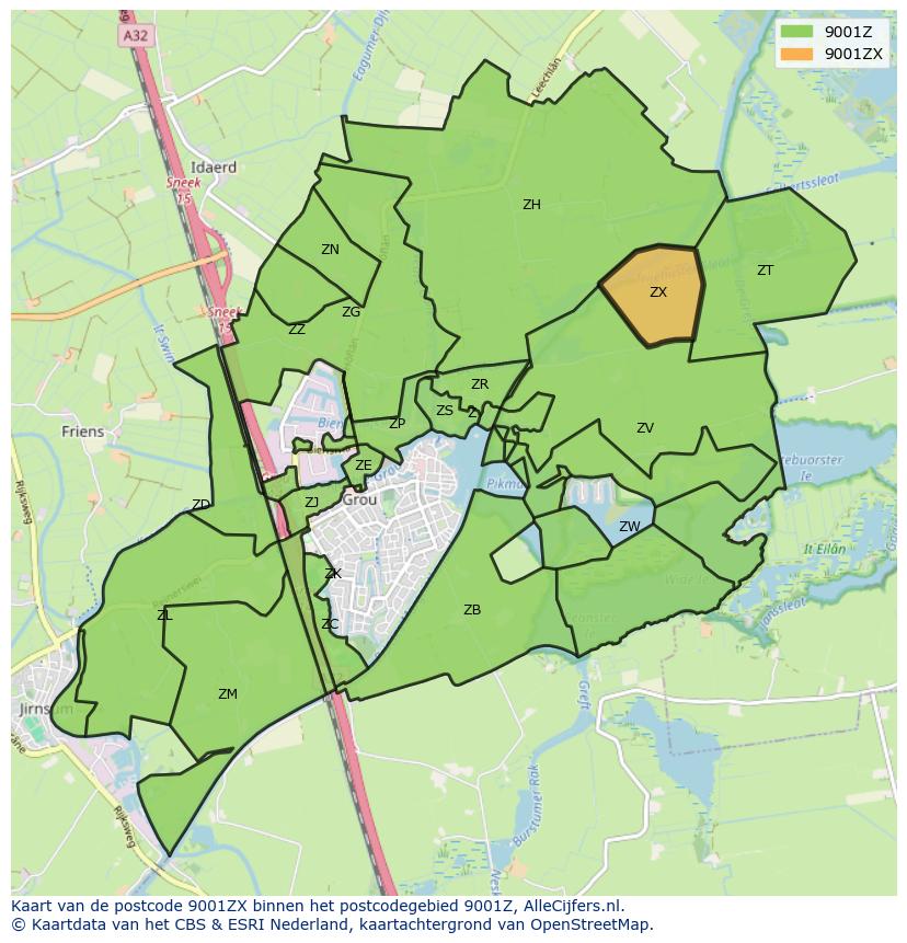 Afbeelding van het postcodegebied 9001 ZX op de kaart.