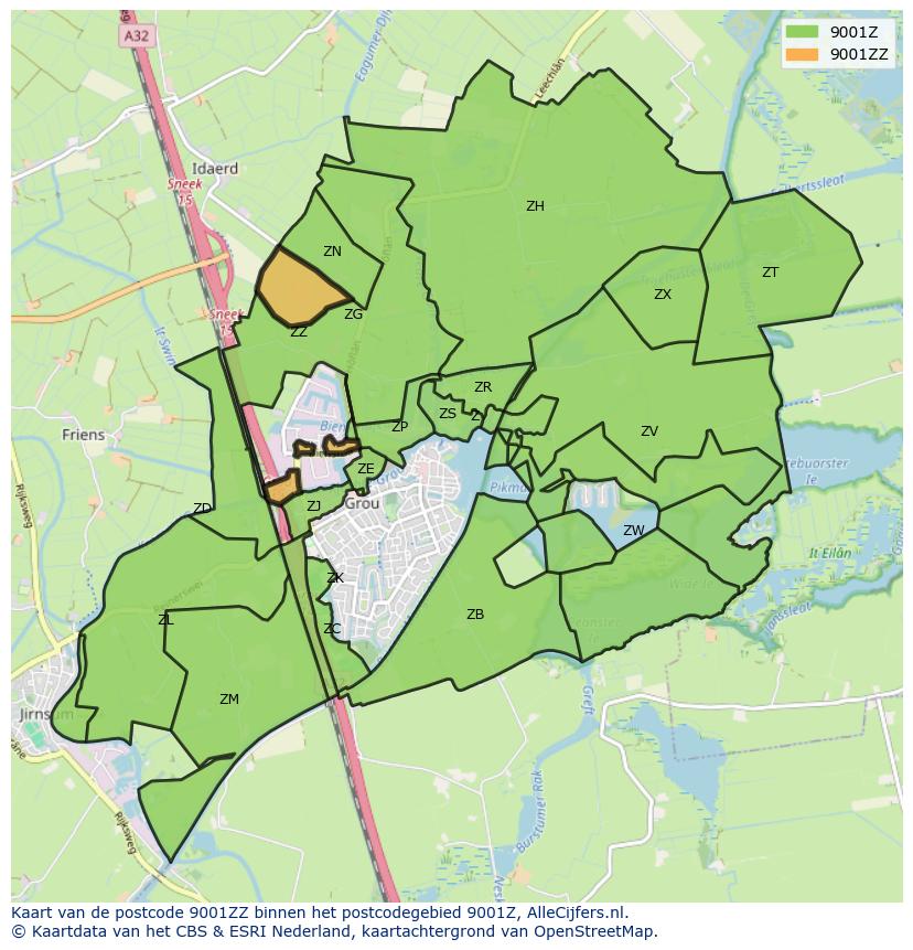 Afbeelding van het postcodegebied 9001 ZZ op de kaart.