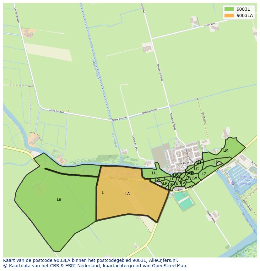 Afbeelding van het postcodegebied 9003 LA op de kaart.