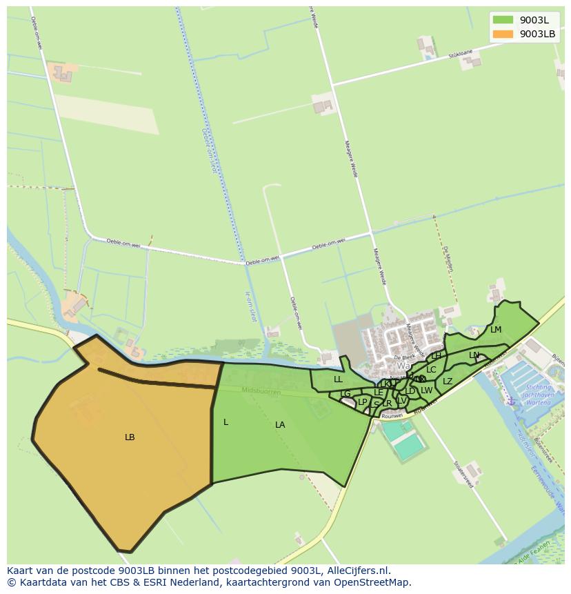 Afbeelding van het postcodegebied 9003 LB op de kaart.