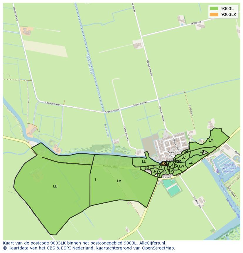 Afbeelding van het postcodegebied 9003 LK op de kaart.