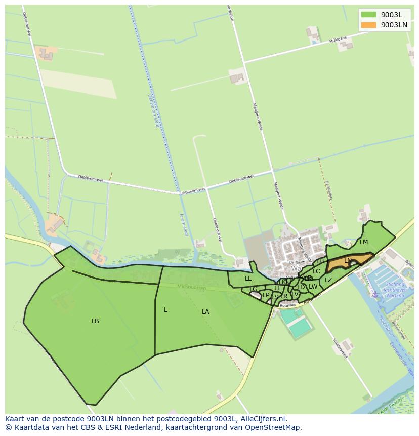 Afbeelding van het postcodegebied 9003 LN op de kaart.