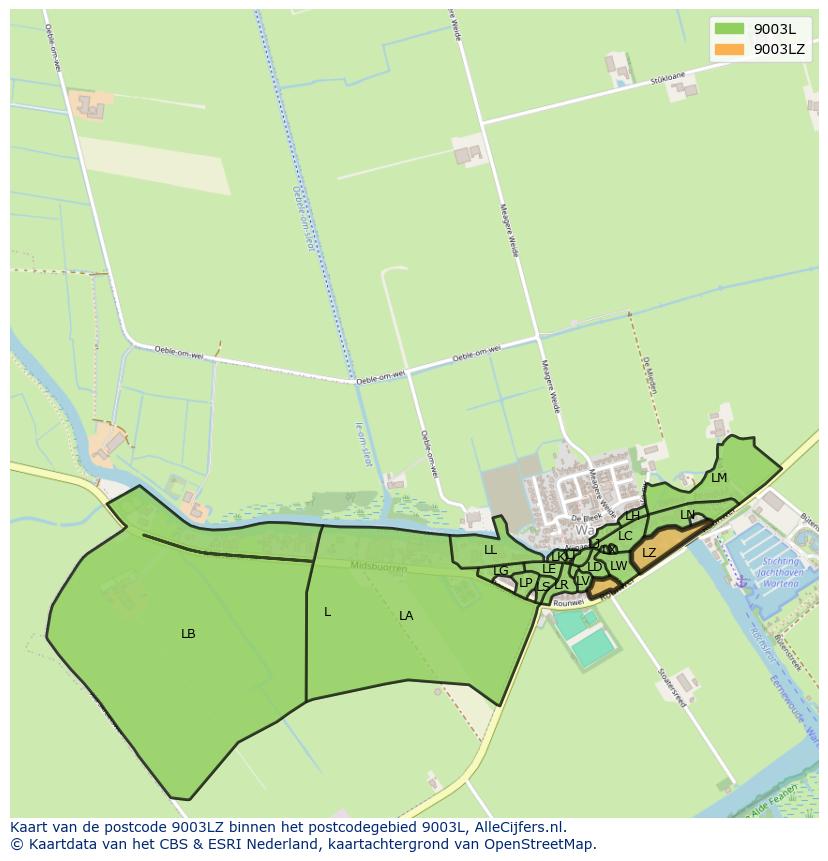 Afbeelding van het postcodegebied 9003 LZ op de kaart.