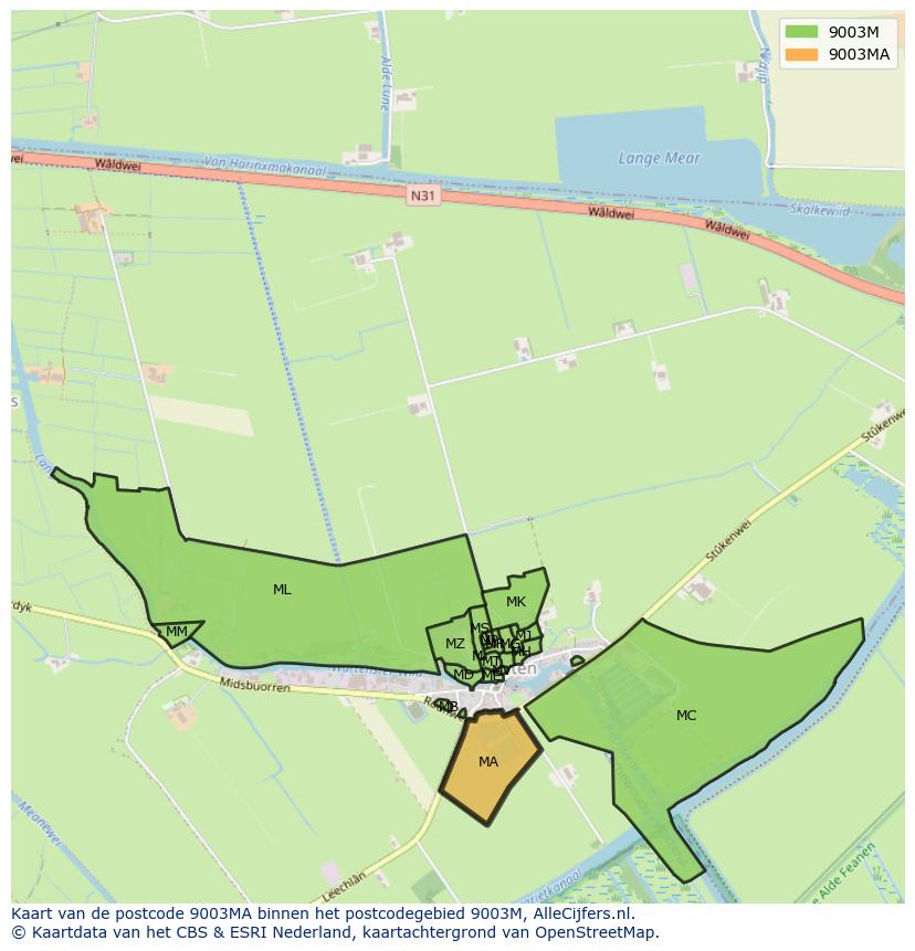 Afbeelding van het postcodegebied 9003 MA op de kaart.
