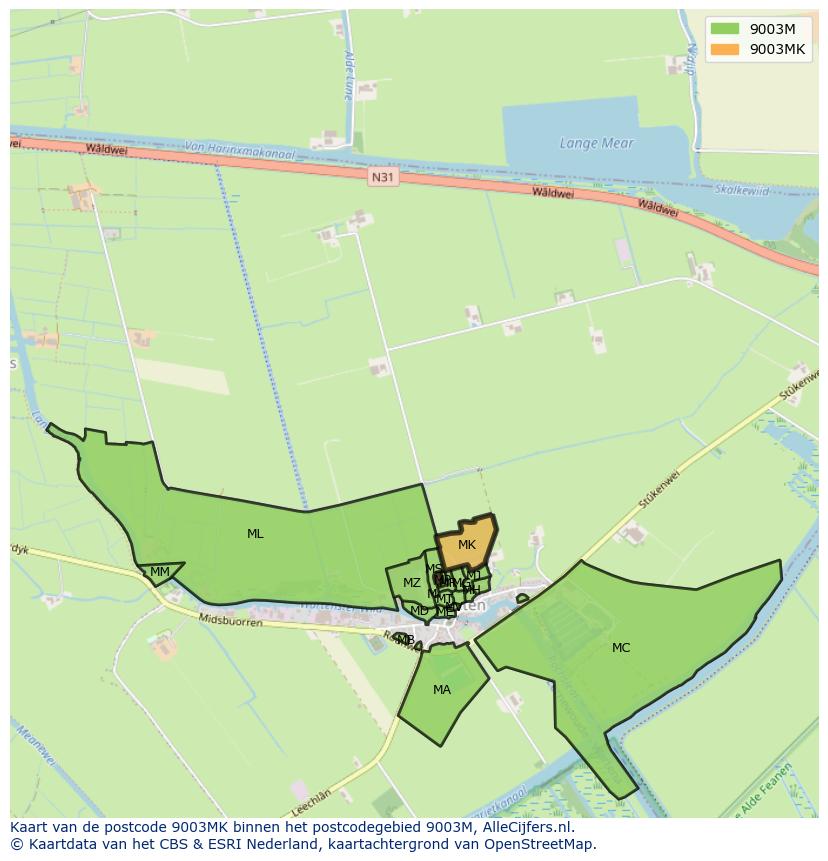 Afbeelding van het postcodegebied 9003 MK op de kaart.