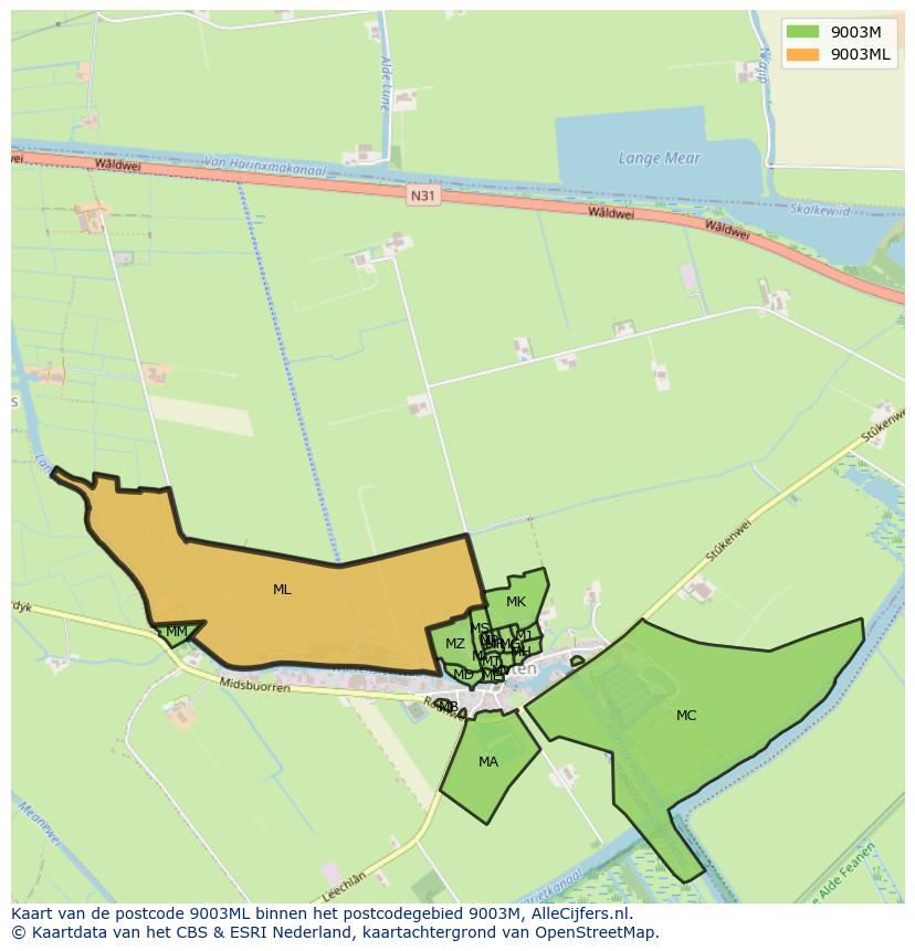 Afbeelding van het postcodegebied 9003 ML op de kaart.