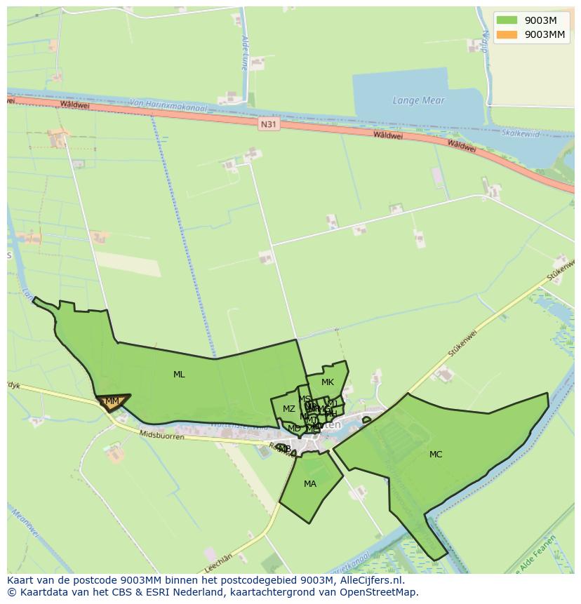 Afbeelding van het postcodegebied 9003 MM op de kaart.