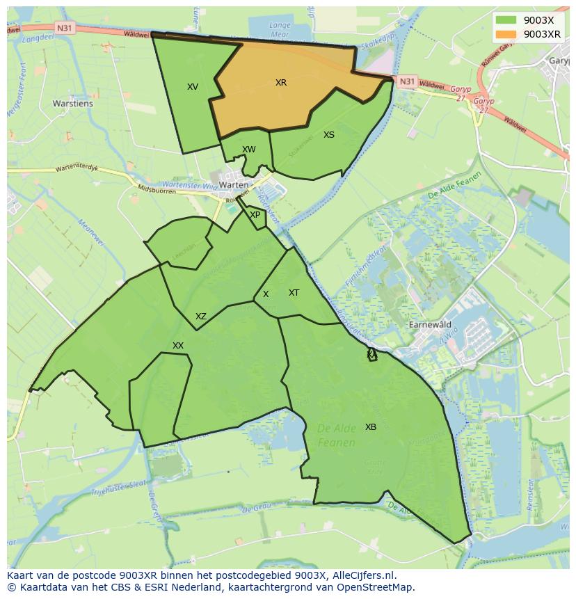 Afbeelding van het postcodegebied 9003 XR op de kaart.