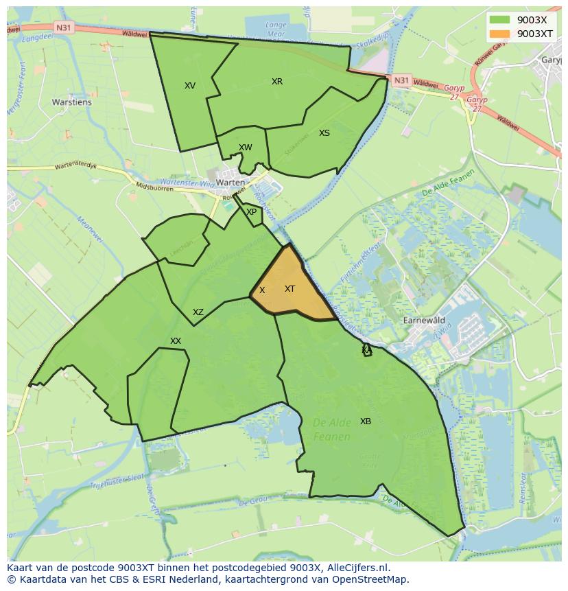 Afbeelding van het postcodegebied 9003 XT op de kaart.