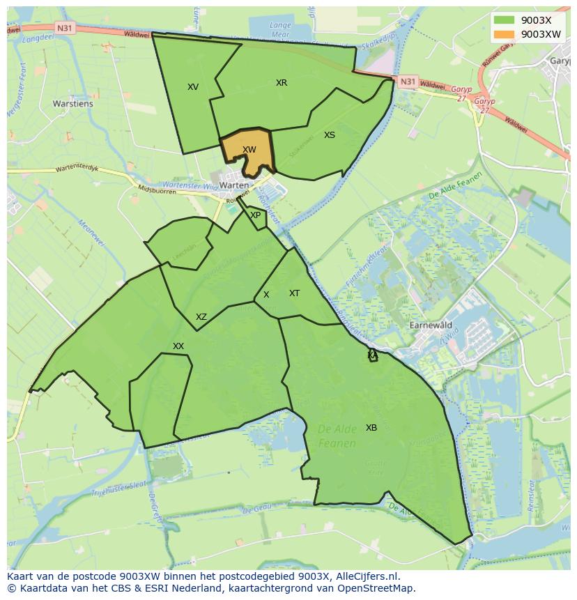 Afbeelding van het postcodegebied 9003 XW op de kaart.