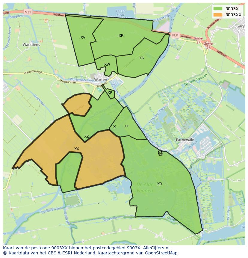 Afbeelding van het postcodegebied 9003 XX op de kaart.