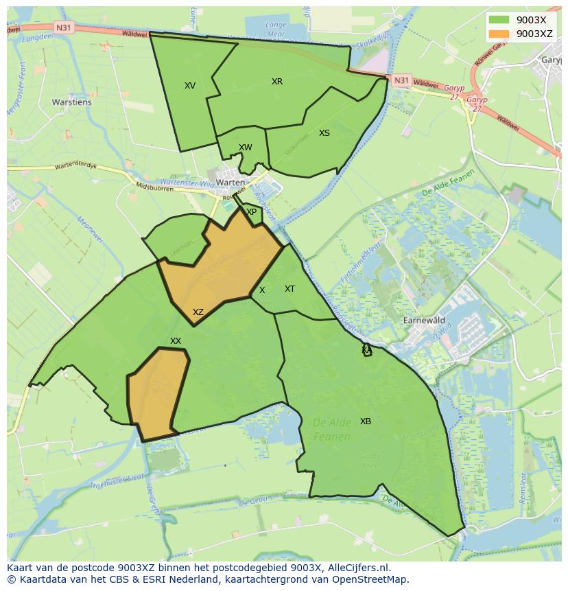 Afbeelding van het postcodegebied 9003 XZ op de kaart.