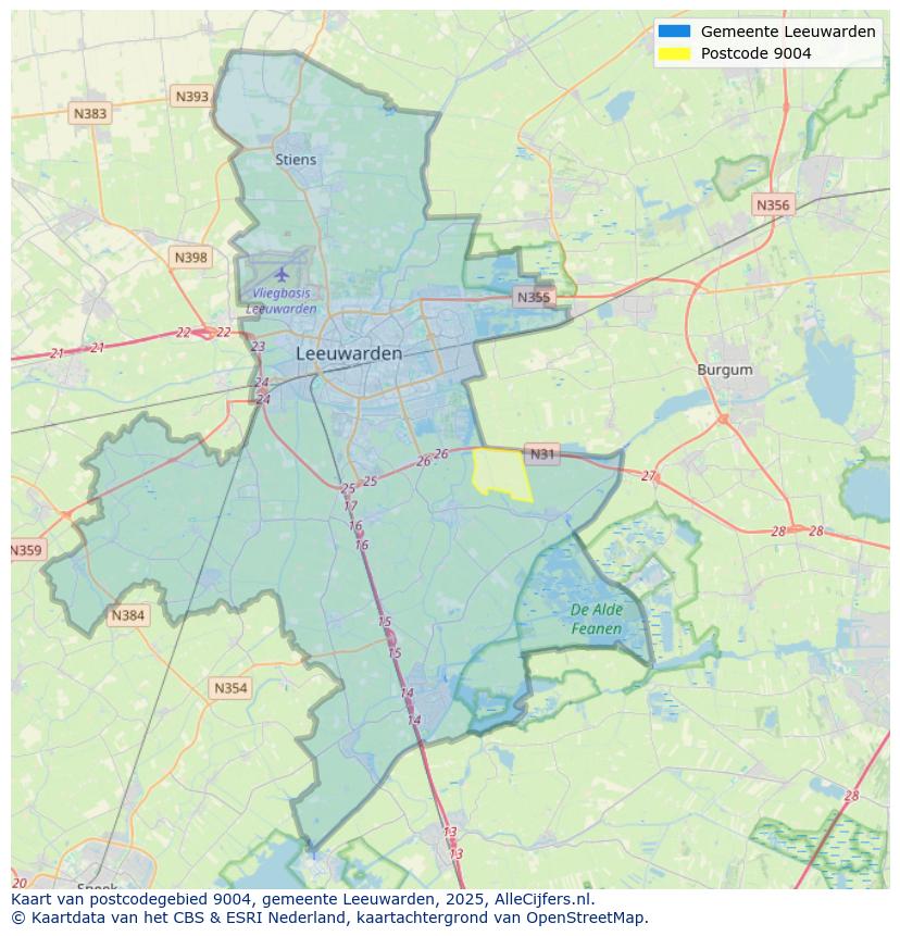 Afbeelding van het postcodegebied 9004 op de kaart.