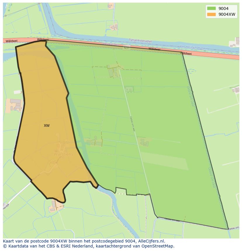 Afbeelding van het postcodegebied 9004 XW op de kaart.