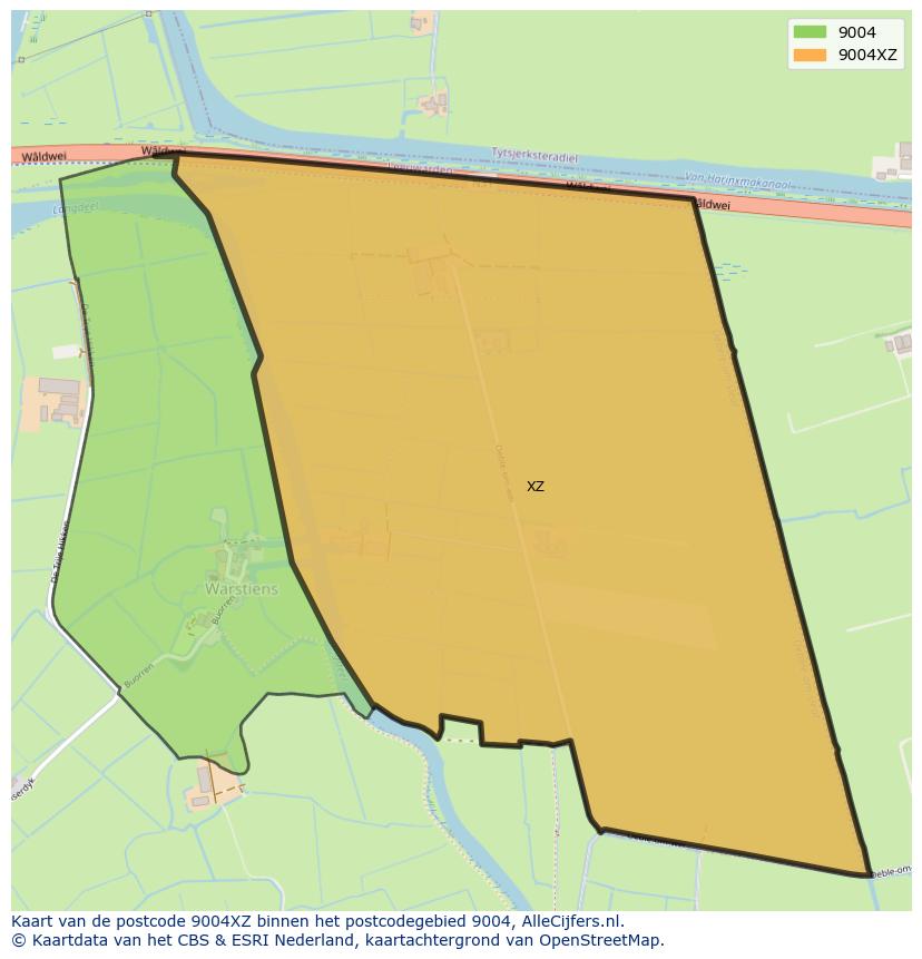 Afbeelding van het postcodegebied 9004 XZ op de kaart.