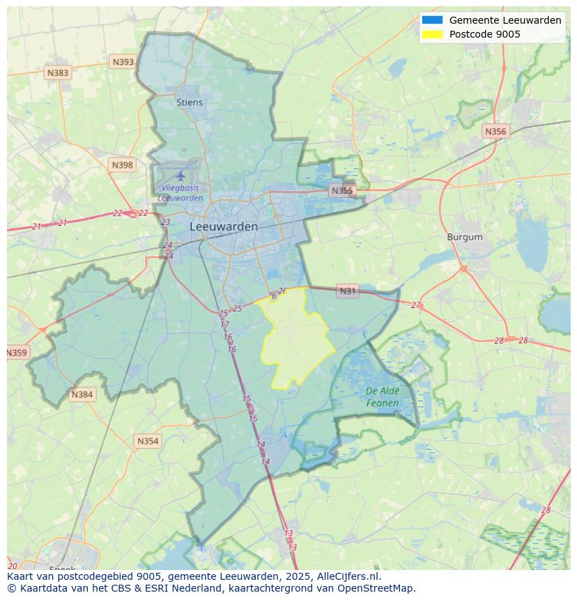 Afbeelding van het postcodegebied 9005 op de kaart.