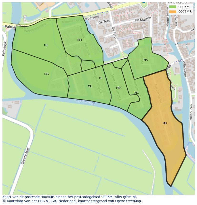 Afbeelding van het postcodegebied 9005 MB op de kaart.