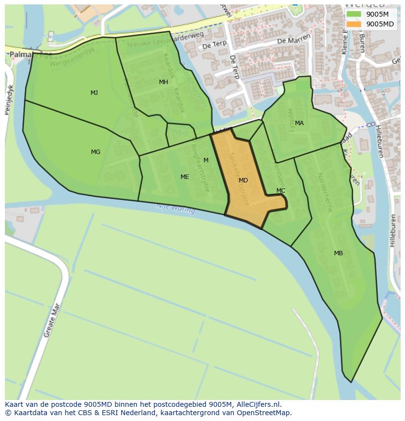 Afbeelding van het postcodegebied 9005 MD op de kaart.