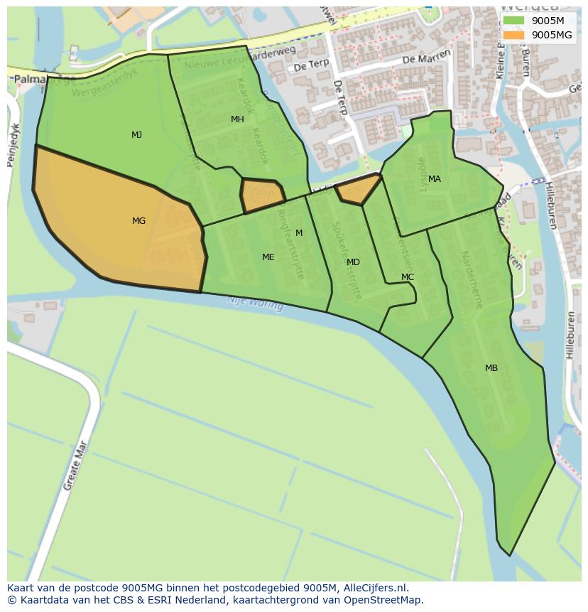 Afbeelding van het postcodegebied 9005 MG op de kaart.