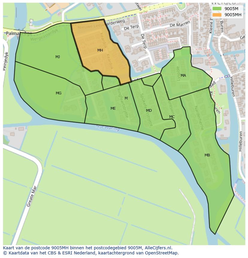 Afbeelding van het postcodegebied 9005 MH op de kaart.
