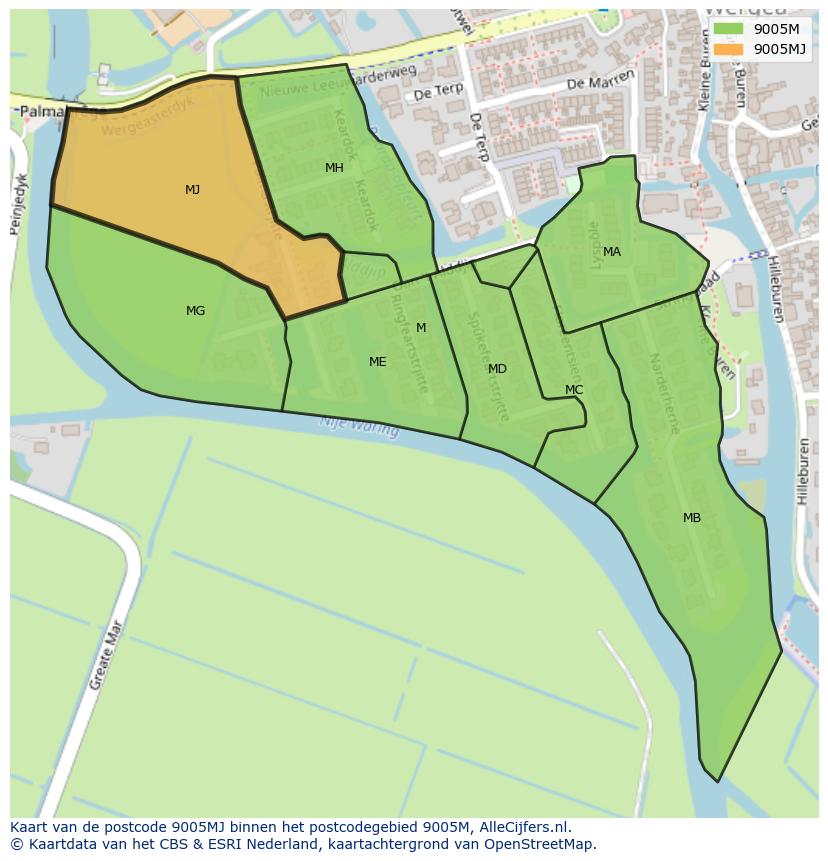 Afbeelding van het postcodegebied 9005 MJ op de kaart.