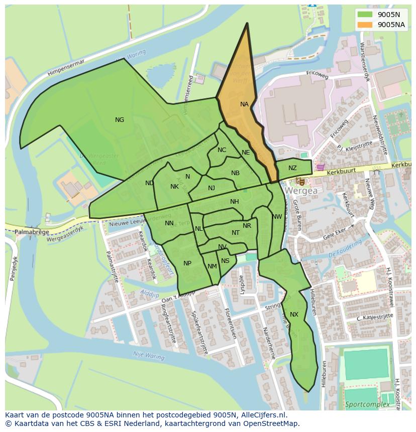 Afbeelding van het postcodegebied 9005 NA op de kaart.