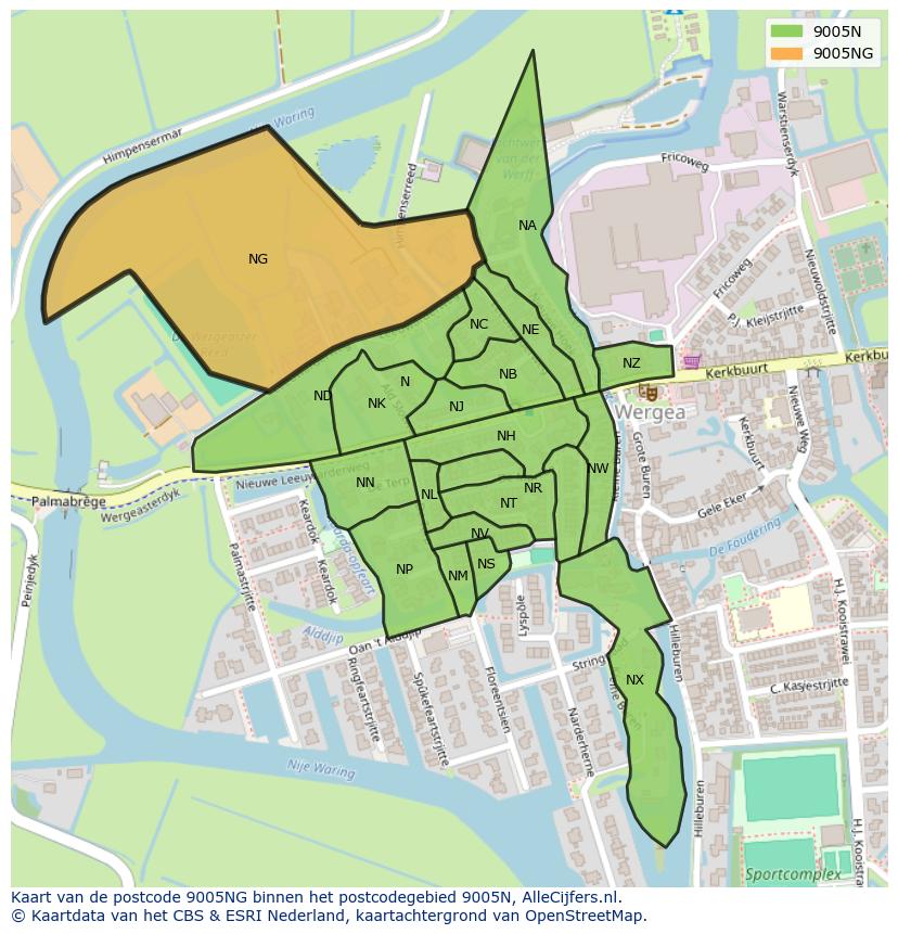 Afbeelding van het postcodegebied 9005 NG op de kaart.