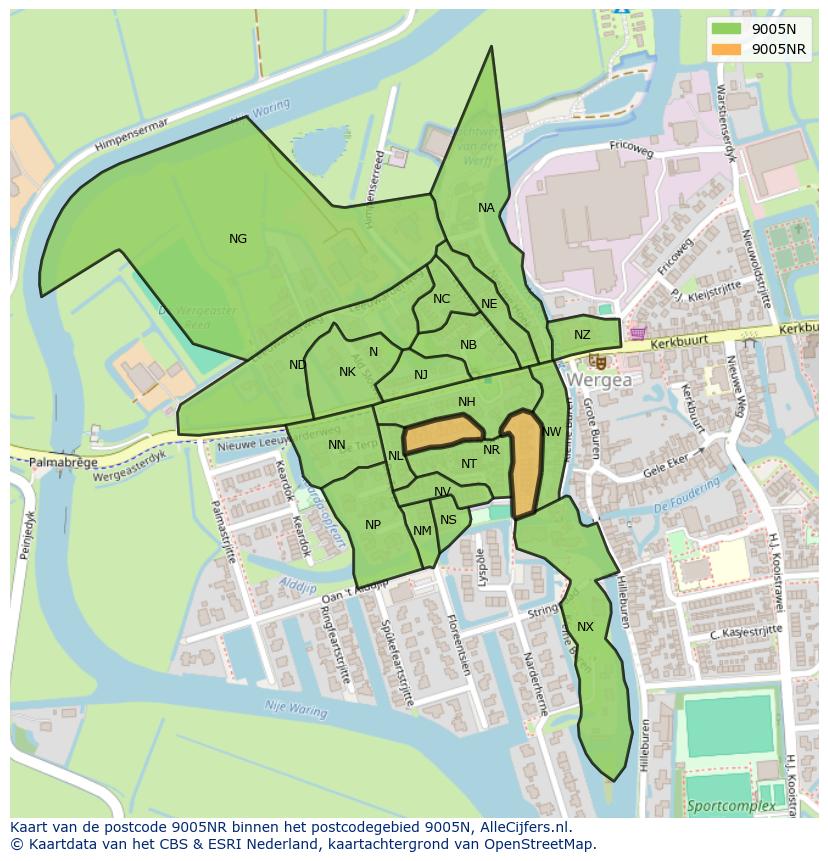 Afbeelding van het postcodegebied 9005 NR op de kaart.