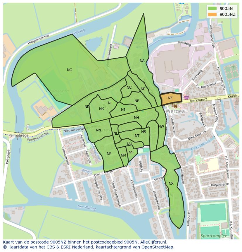 Afbeelding van het postcodegebied 9005 NZ op de kaart.