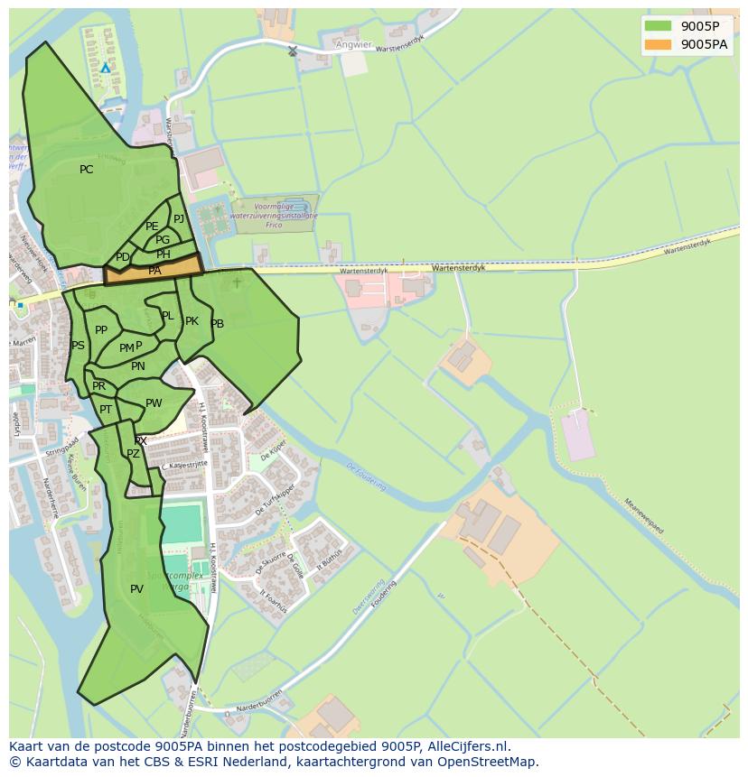 Afbeelding van het postcodegebied 9005 PA op de kaart.