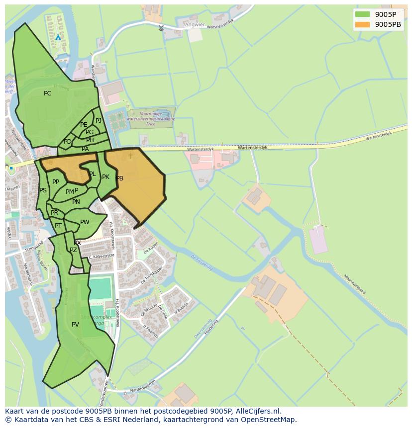 Afbeelding van het postcodegebied 9005 PB op de kaart.
