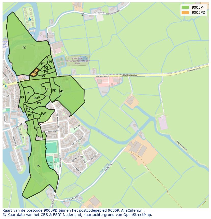 Afbeelding van het postcodegebied 9005 PD op de kaart.