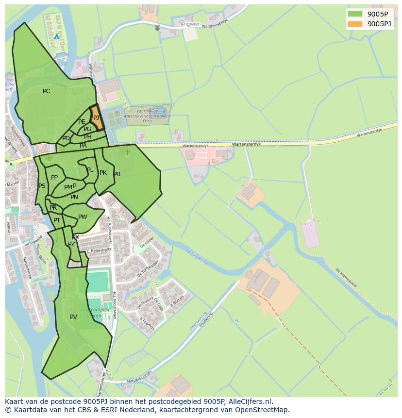 Afbeelding van het postcodegebied 9005 PJ op de kaart.