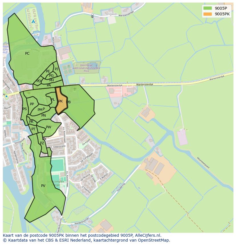 Afbeelding van het postcodegebied 9005 PK op de kaart.