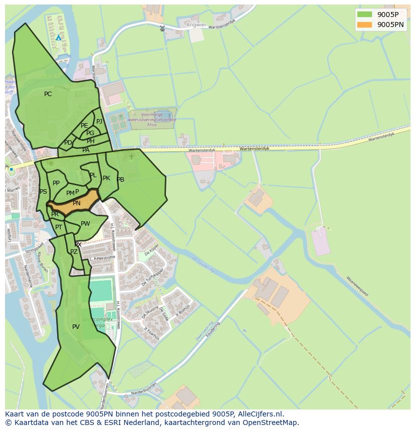 Afbeelding van het postcodegebied 9005 PN op de kaart.