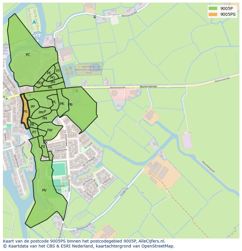 Afbeelding van het postcodegebied 9005 PS op de kaart.